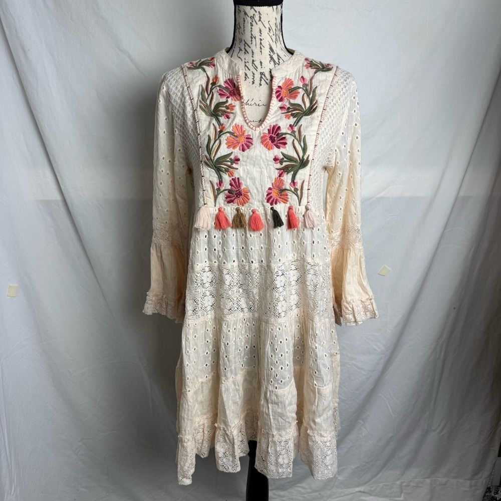 Blue Island Embroidered Floral Tunic Dress with Tassels & Bell Sleeves Size M